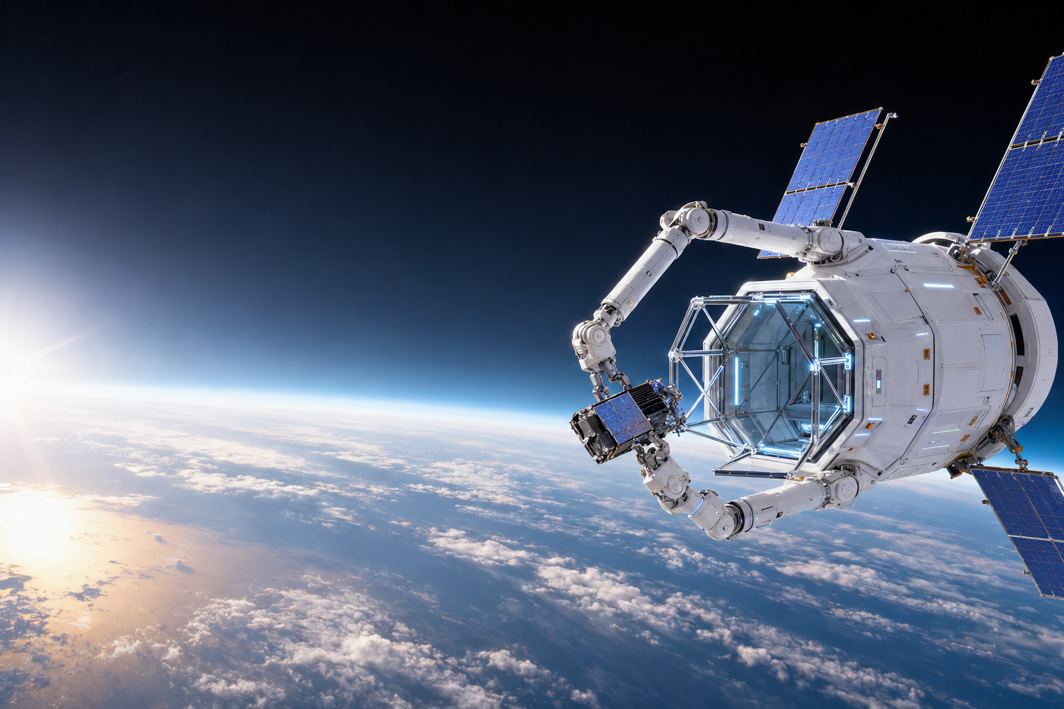 Concept illustration of a robotic orbital recovery spacecraft capturing a piece of space debris above Earth
